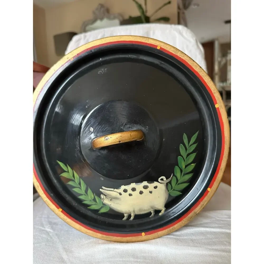 Emma Hunk Hand Painted Enamel Pot PIGS, 2000 vintage black Gold Handles 6.5x10”